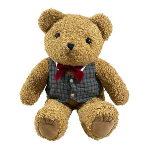 Vintage JC Penney Christmas Bear Plush Plaid Vest Velvet Bow Stuffed Animal 27”